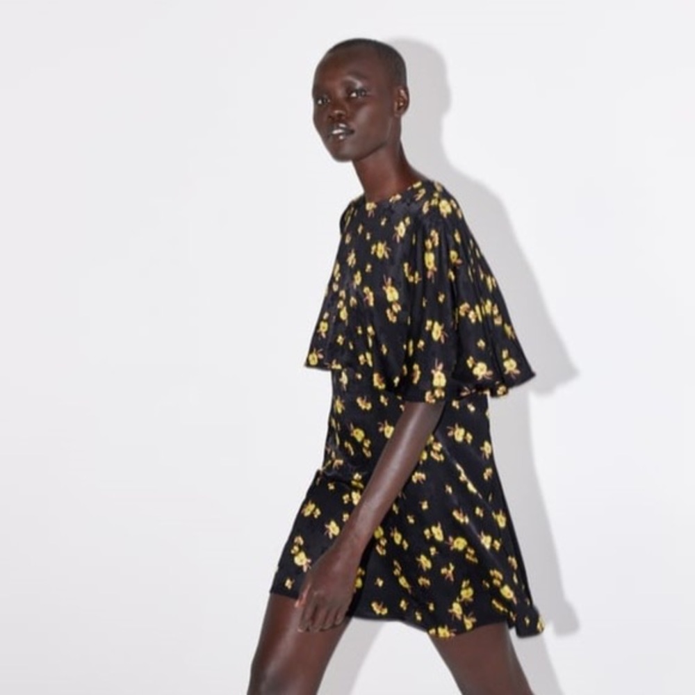 🎉Host Pick🎉 Zara NWT Black & Yellow Floral Cape Dress